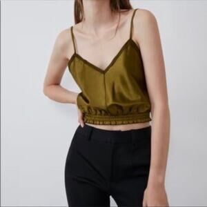 NWT Zara Sage Green Satin Crop Top V neck Elastic Waist Contrast Trim Sz Medium